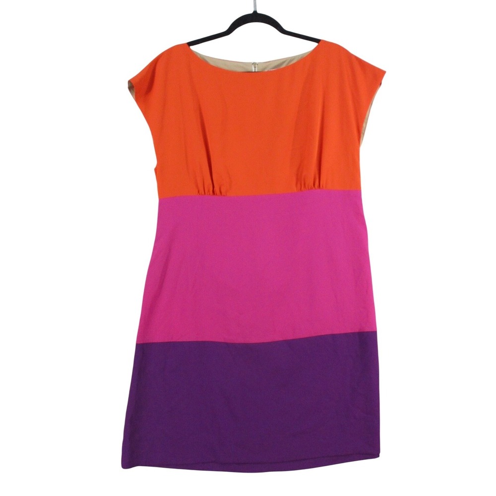 Eliza J Women 14 Colorblock Sheath Dress Orange Pink Purple Sleeveless Boat Neck